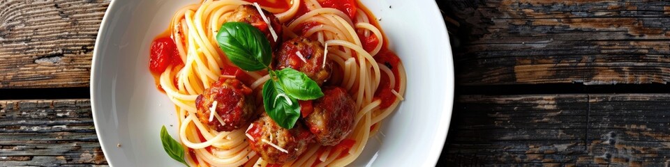 Canvas Print - Pasta served with meatballs in a savory tomato sauce