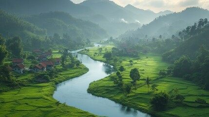 Poster - Serene River Winding Through Lush Green Valley