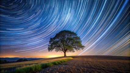Wall Mural - star tracks in the sky over a lone tree in a field, stars, sky, night, long exposure, landscape, ast