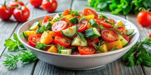 Poster - Fresh and vibrant vitamin vegetable salad with ripe chopped tomatoes and dill , Salad, tomatoes, dill, vitamin, healthy