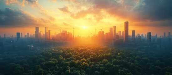 Wall Mural - Cityscape Sunset with Wind Turbines