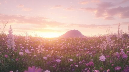 Serene sunset over a vibrant wildflower meadow with a mountain in the distance capturing the tranquility of nature at dusk