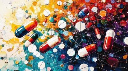 Wall Mural - Colorful and detailed graphic of prescription drug interactions, showing complex relationships between different medications. on colorful split background