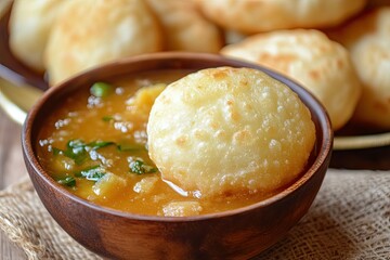 Wall Mural - Suji sooji halwa puri or shira poori breakfast, served in a plate and bowl. Selective focus