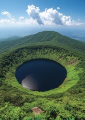 Wall Mural - Majestic Aerial View of a Volcanic Crater Lake Surrounded by Lush Green Vegetation and Mountains Under a Clear Blue Sky