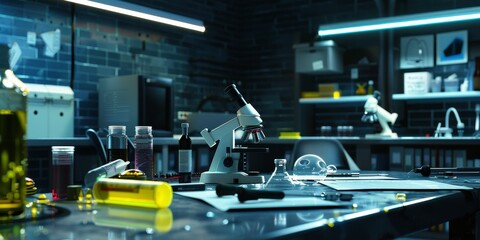 Wall Mural - Abstract visualization of a forensic lab with crime scene investigation tools and forensic evidence analysis