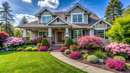 Poster - Well-maintained home with a healthy and blooming front yard during late spring season , blooming, front yard