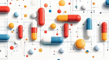 Wall Mural - Dynamic graphic of prescription drug adherence, with interactive elements showing reminders and medication tracking systems.