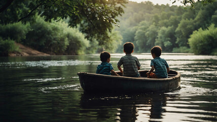 Wall Mural - kids in Calm river with trees background