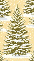 Wall Mural - Seamless Pattern of Snow Covered Pine Trees on a Yellow Background