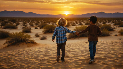 Wall Mural - kids in Golden desert sunset background