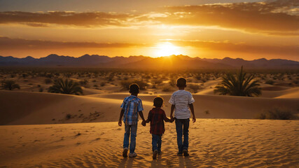 Wall Mural - kids in Golden desert sunset background