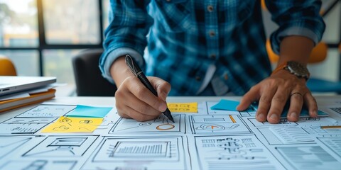 Fototapete - Close-up of UX designer's hands sketching wireframes on paper, illustrating creative design thinking