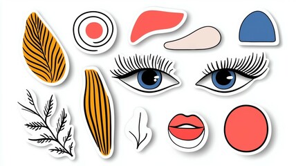 A collection of stickers with various shapes and colors, including a leaf