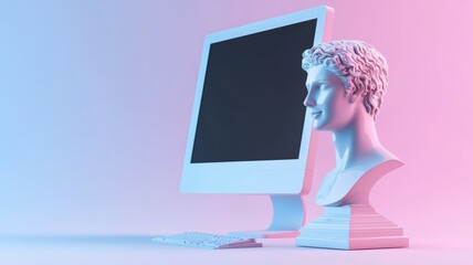 Canvas Print - A computer monitor is on a desk next to a statue of a man