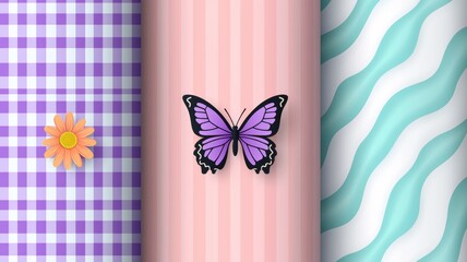 Wall Mural - A purple butterfly is on a pink and white checkered background