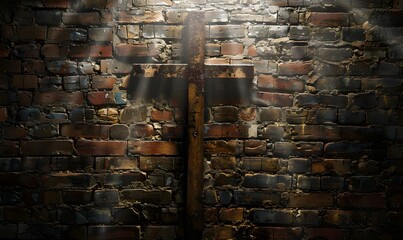 Lighted Cross Background. Back lit cross on a brick background with copy space. 