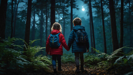 Wall Mural - kids in Moonlit forest background