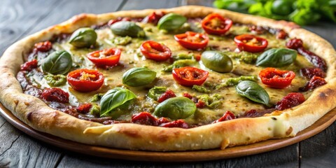 Wall Mural - Pesto pizza topped with olives, jalapenos, and sundried tomatoes, pesto, pizza, olives, jalapenos, sundried tomatoes