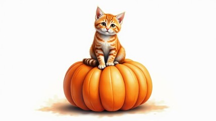 Wall Mural - A cat is sitting on top of a pumpkin