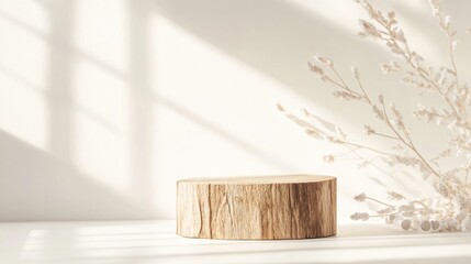Poster - Minimalist Mockup Featuring Textured Wooden Podium with Silver Beads and Pastel White Background, Bright Diffused Lighting