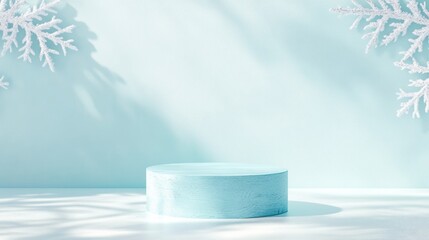 Poster - Minimalist Frosty Blue Wooden Podium with Silver Snowflakes Against Snow-White Background, Morning Light, Monochromatic Elegance