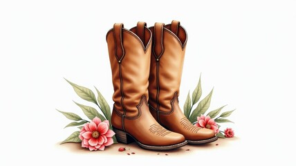 Two brown cowboy boots are on a white background with flowers