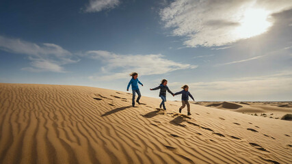 Wall Mural - kids in Wind swept sand dunes background