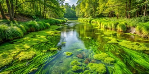 Sticker - Shallow stream with vibrant green algae , stream, water, shallow, green, algae, plants, nature, environment, ecosystem, aquatic