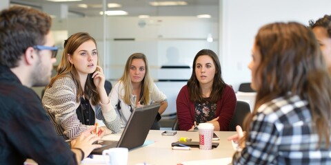 Poster - A mentor guiding a small group of mentees in a career development meeting, offering advice and support for professional growth