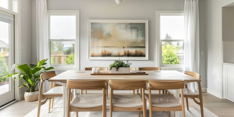 A white frame display on a dining room wall, featuring a landscape painting, enhancing the room's natural theme