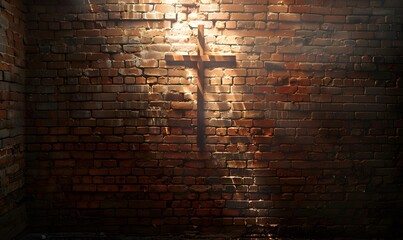 Lighted Cross Background. Back lit cross on a brick background with copy space. 