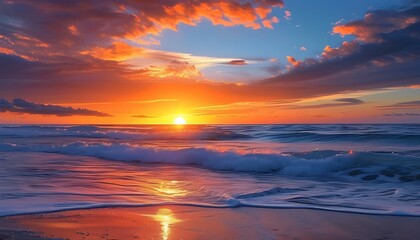 As the sun sets in the west, the brilliant sunset above the sea level complements the waves, showing a tranquil and beautiful beach scene.