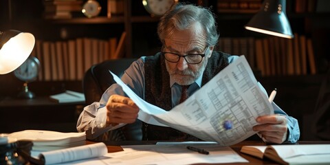 Fototapete - A forensic accountant examining financial documents for evidence with meticulous detail