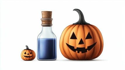 Wall Mural - A bottle of blue liquid is next to a small pumpkin and a large pumpkin