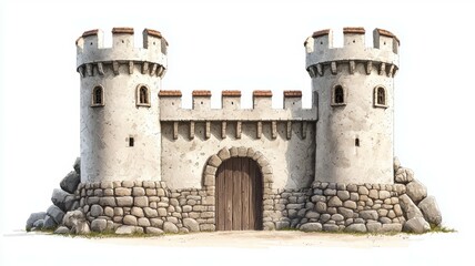 A castle with two towers and a large gate