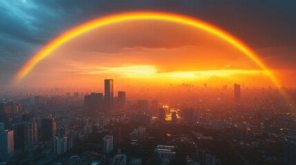 Wall Mural - Rainbow Over Cityscape at Sunset