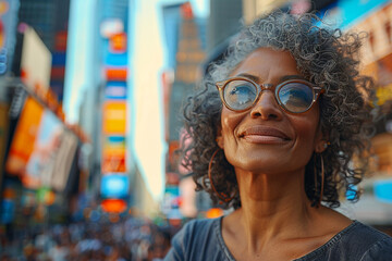 Wall Mural - On a sunny summer day, a cheerful middle-aged woman with curly hair and stylish eyewear enjoys a wide-angle view of a bustling cityscape, filled with vibrant colors and lively energy, as she explores 