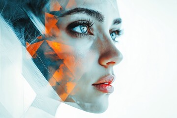 Poster - Woman face merging with abstract geometric shapes