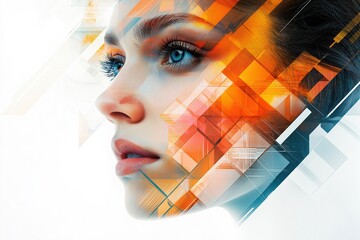 Poster - Woman face merging with abstract geometric shapes