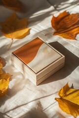 Sticker - Autumn Ambiance: A Cozy Wooden Box Among Fallen Leaves