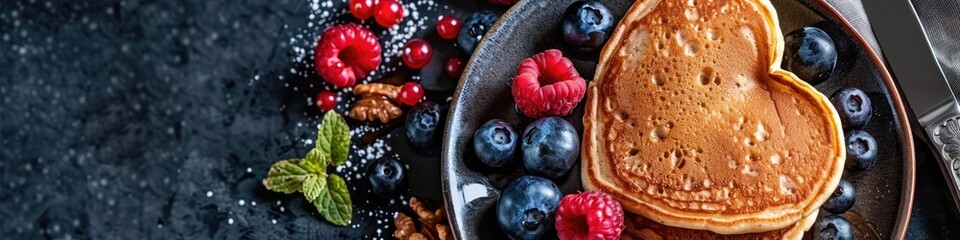 Canvas Print - Heart-Shaped Pancakes Topped with Blueberries, Raspberries, and Nuts