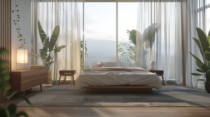 Wall Mural - A modern bedroom interior featuring a king-sized bed, minimalist furniture, large windows with sheer curtains, and a stylish rug