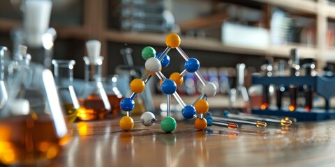 Wall Mural - Close-up of a chemical molecule model, with colored atoms and bonds, placed on a table with scientific equipment