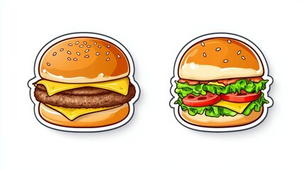 Two cartoon hamburgers with cheese and lettuce on top