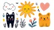 © top images - A collection of cute cartoon animals, including a cat, a sun, and a heart