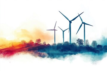 Wind turbines generating sustainable energy in watercolor landscape