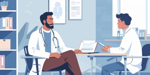 Wall Mural - Portrait of a doctor and patient discussing healthcare options in a modern clinic, focusing on medical consultation