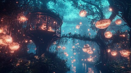 Wall Mural - Enchanted Forest with Glowing Lanterns and Water Stream