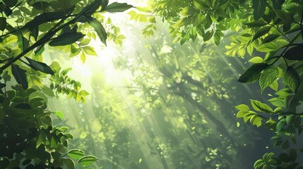 Sticker - Sunbeams shining through lush green foliage in a vibrant forest.